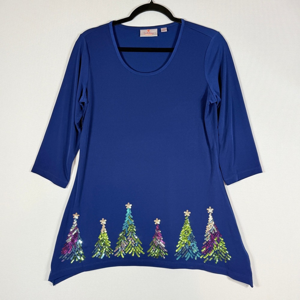 Quacker Factory‎ Womens XS Tunic Top Sequin Christmas Tree Festive Whimsical